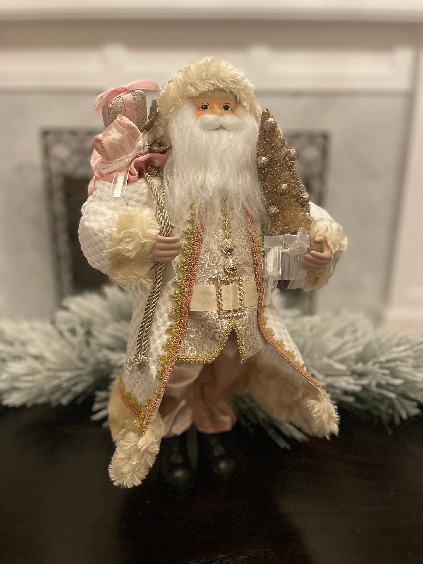 19" Santa holding a tree. Pink, ivory and gold.