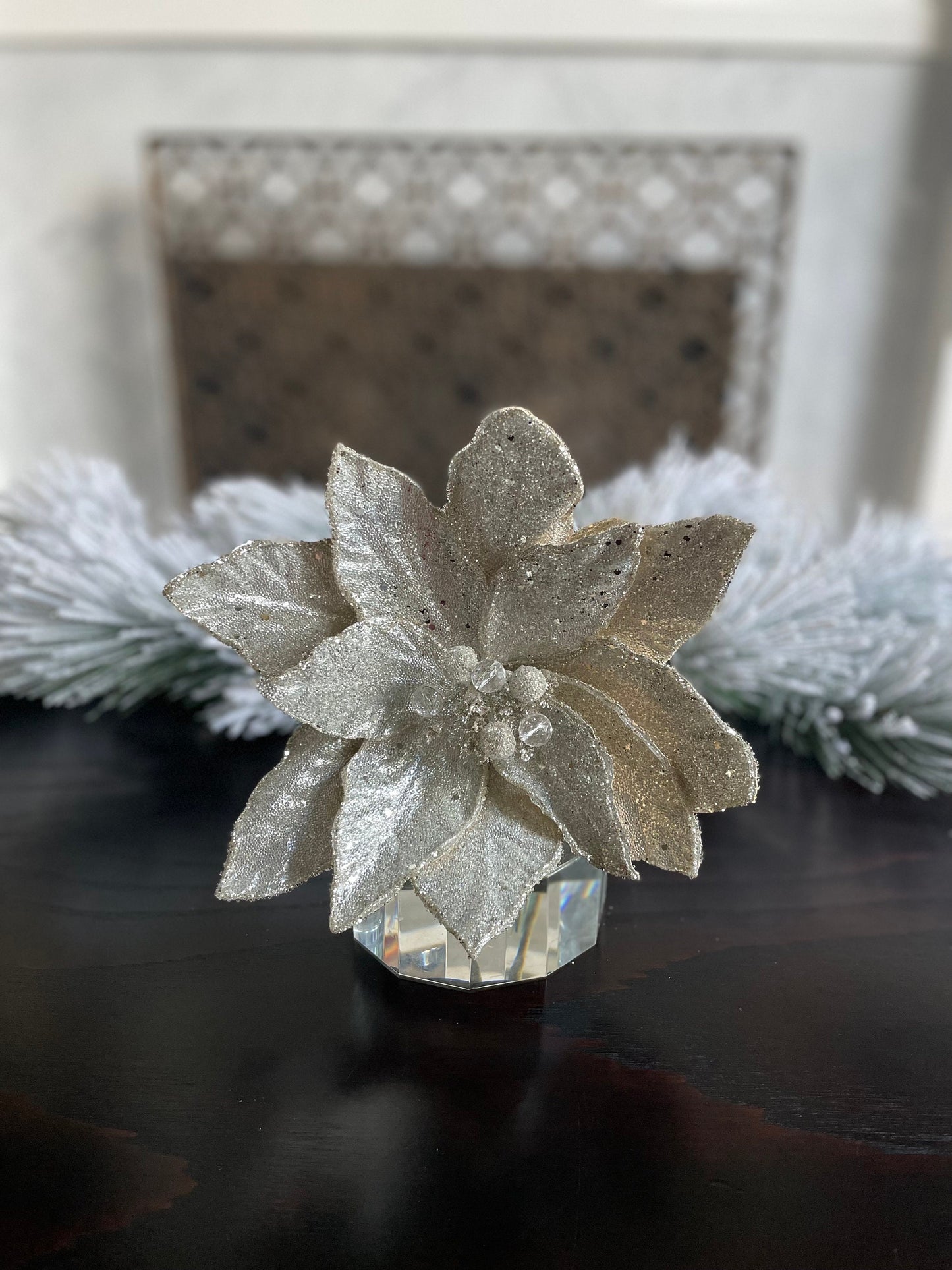23” Silver beaded glittered poinsettia stem.
