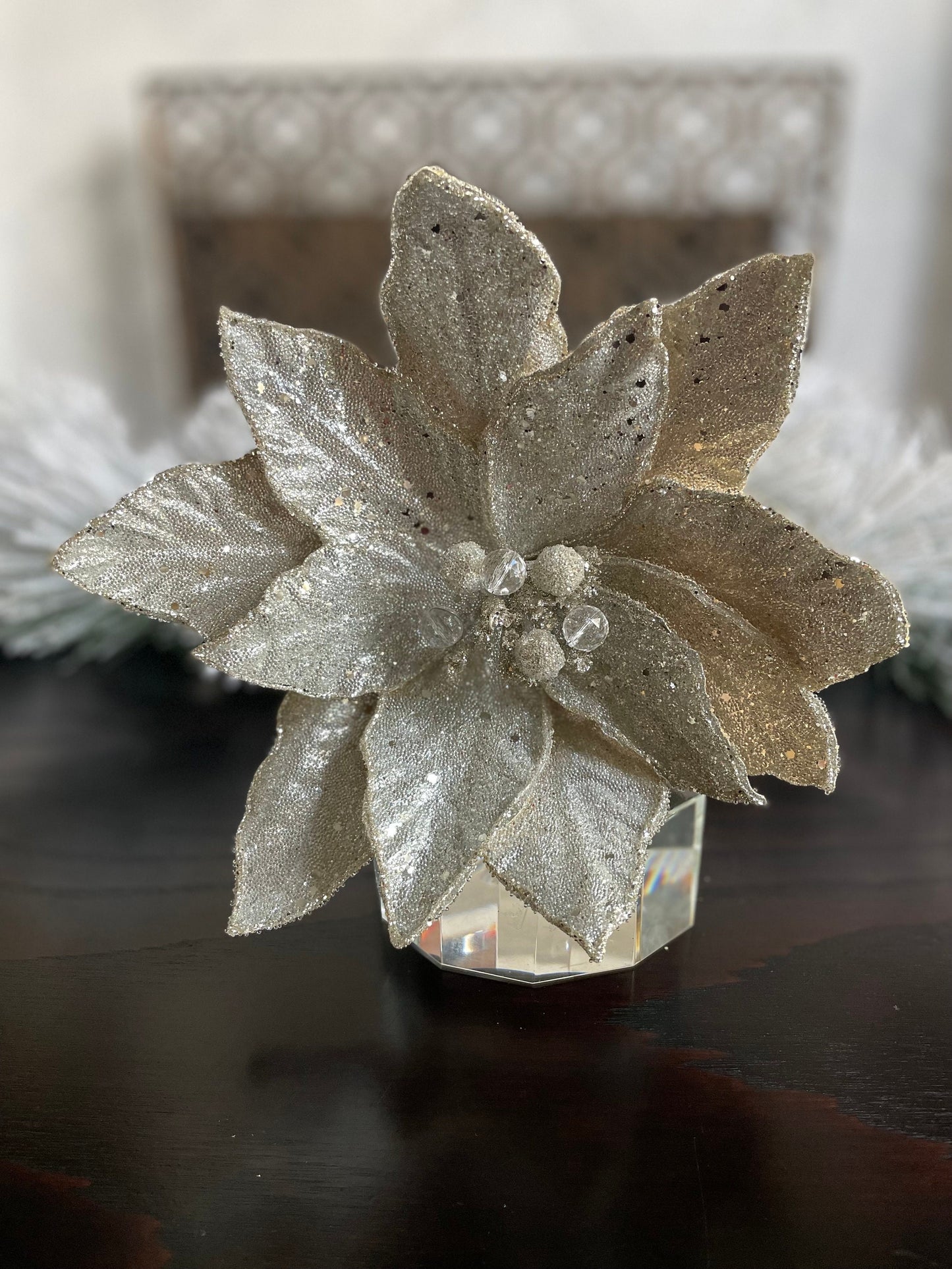 23” Silver beaded glittered poinsettia stem.