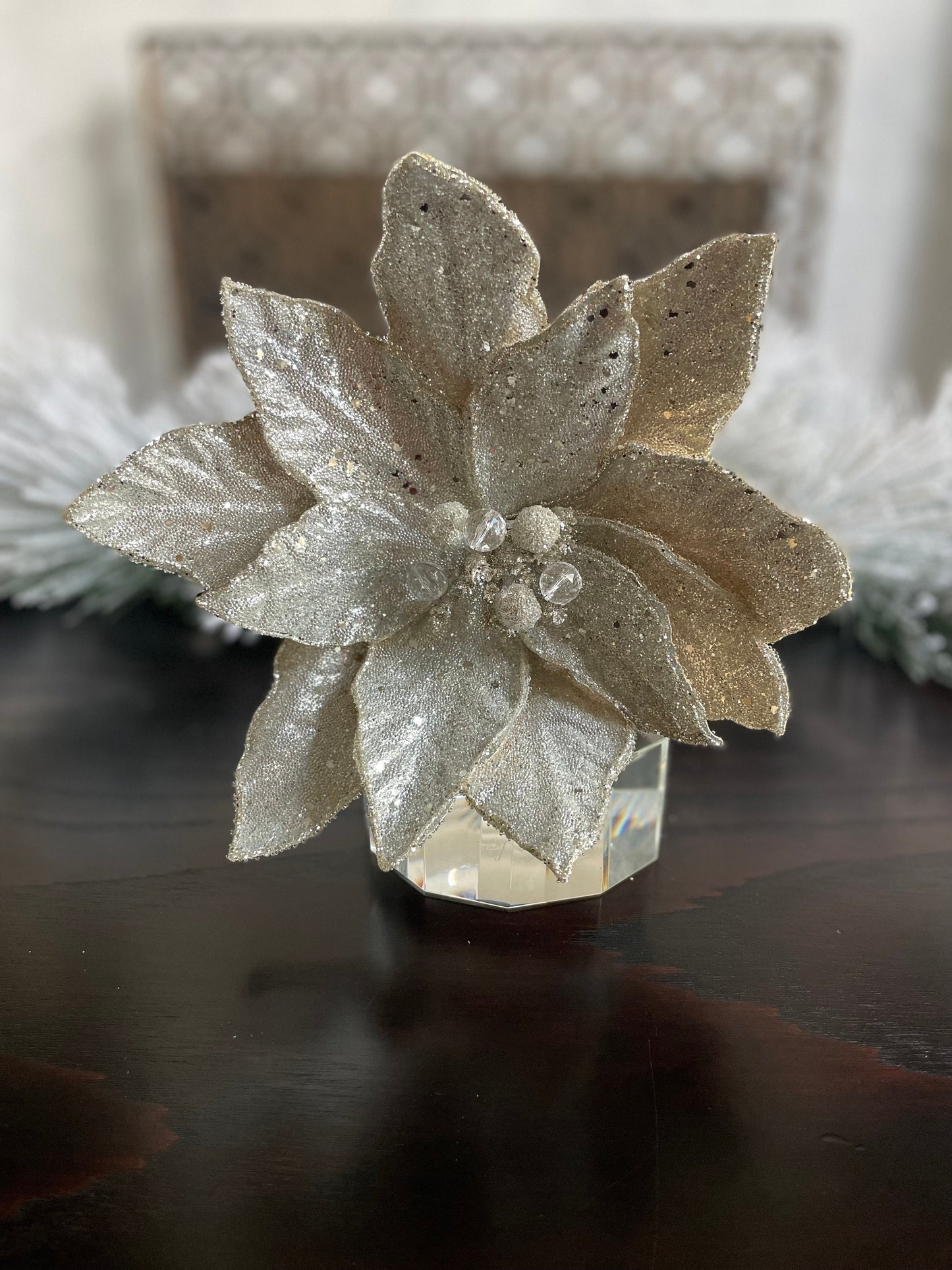 23” Silver beaded glittered poinsettia stem.