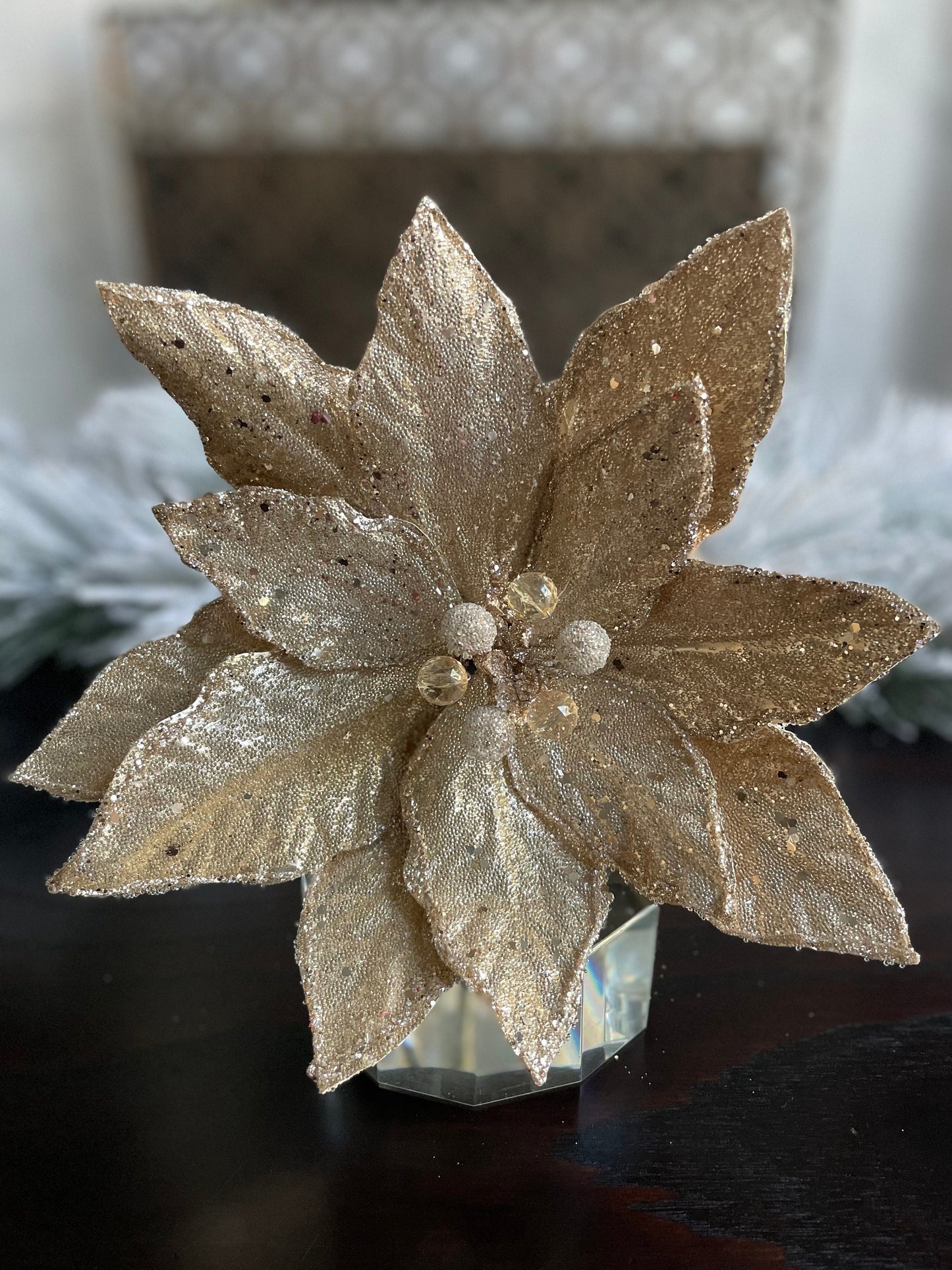23” Champagne beaded glittered poinsettia stem.