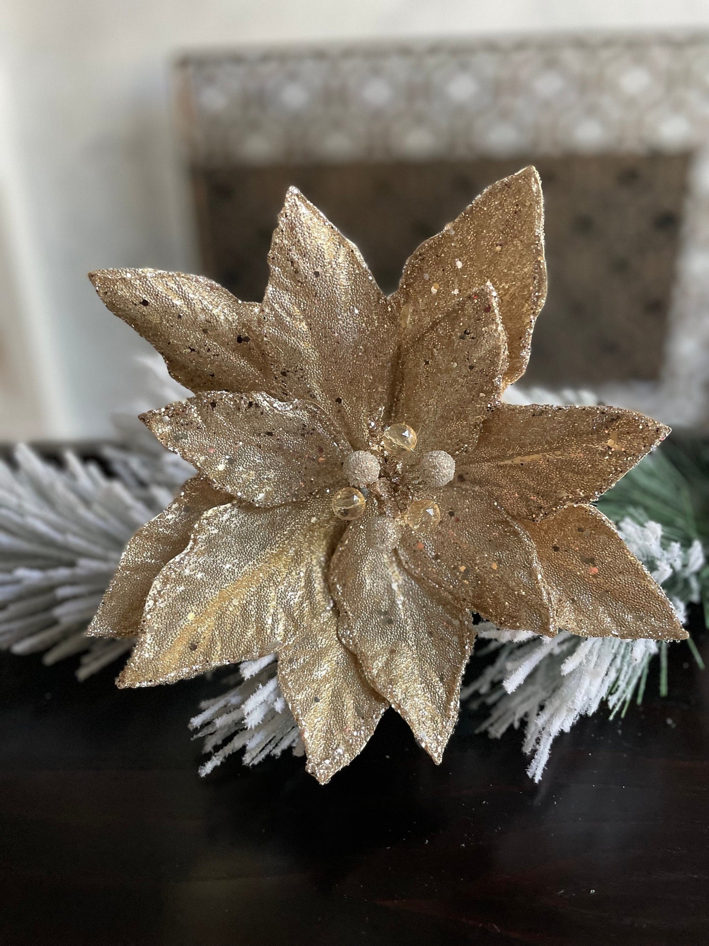 23” Champagne beaded glittered poinsettia stem.