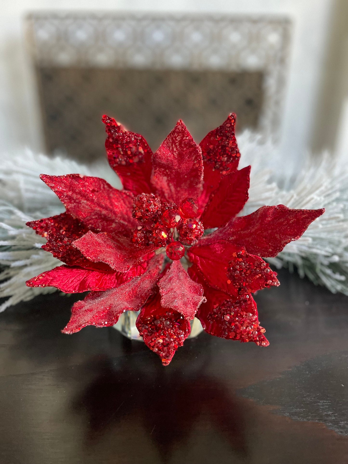 18" Heavy jeweled poinsettia stem. Red.
