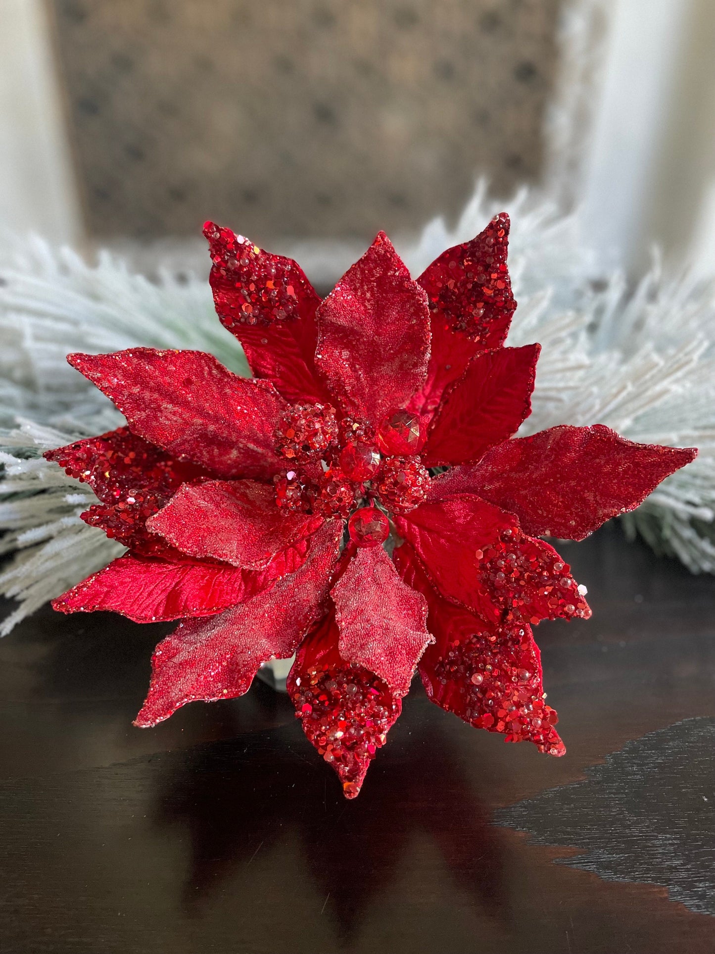 18" Heavy jeweled poinsettia stem. Red.