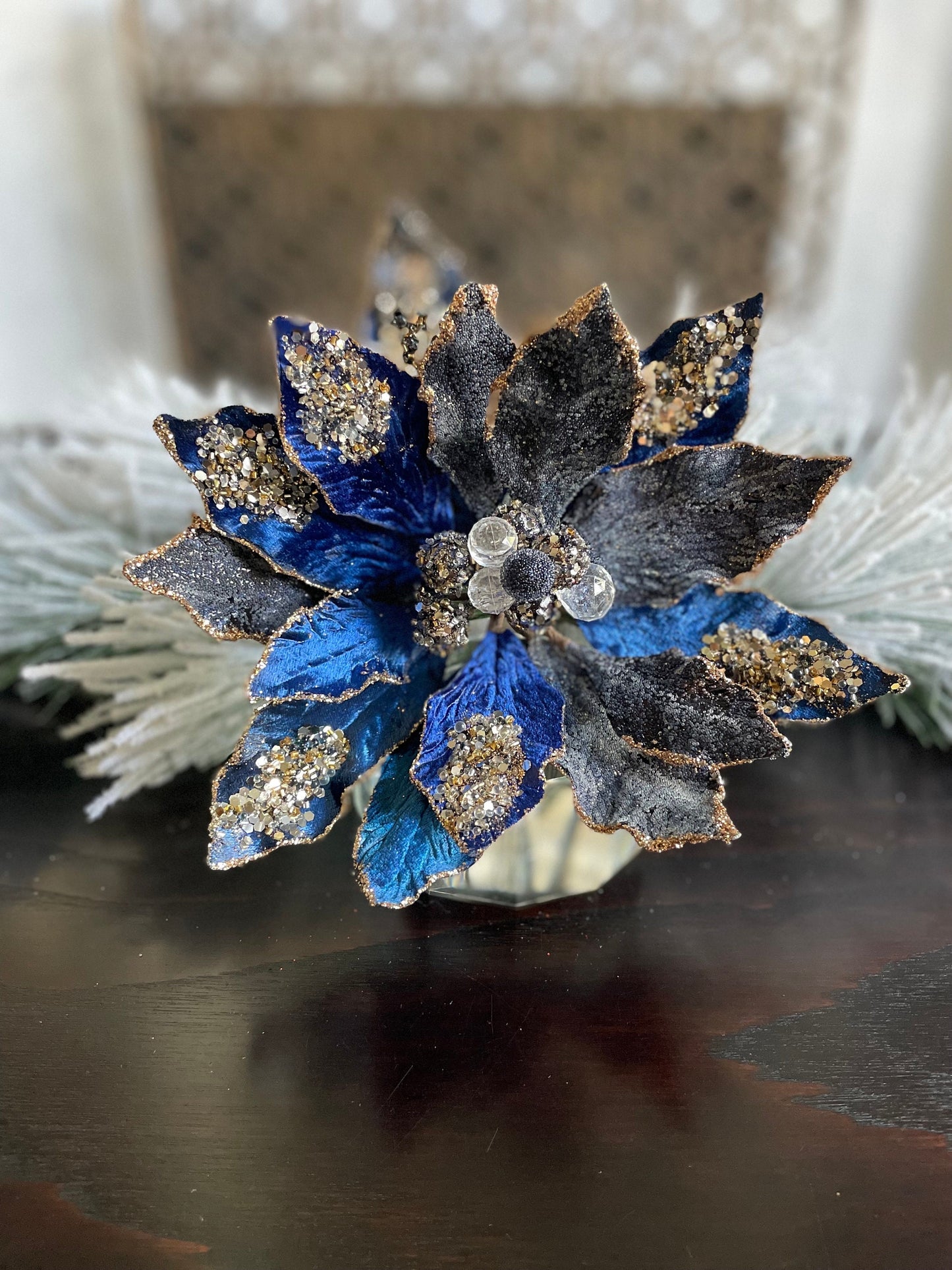 18" Heavy jeweled poinsettia stem. Sapphire and gold.