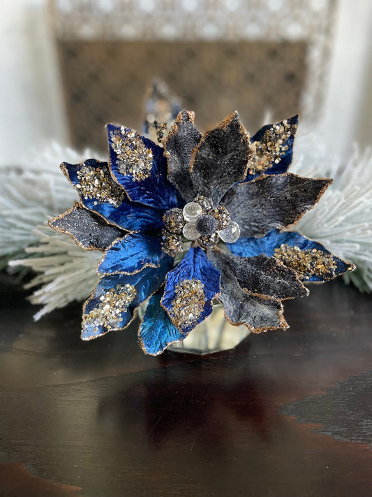 18" Heavy jeweled poinsettia stem. Sapphire and gold.