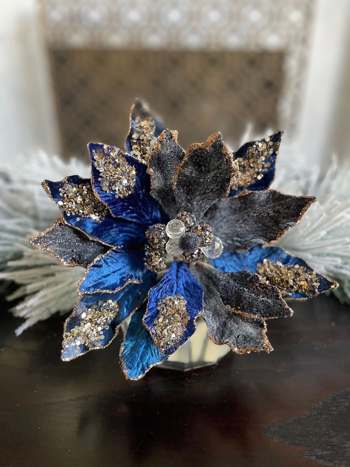 18" Heavy jeweled poinsettia stem. Sapphire and gold.