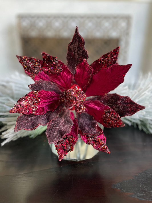 18" Heavy jeweled poinsettia stem. Burgundy.