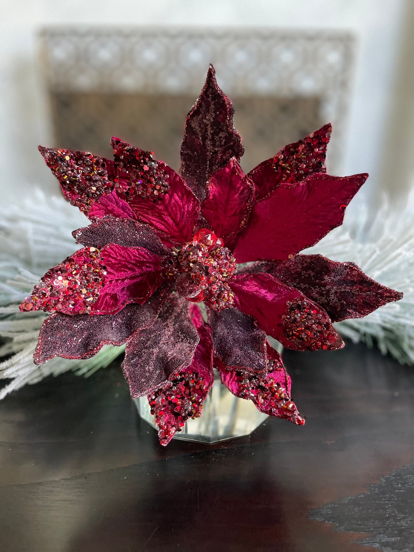 18" Heavy jeweled poinsettia stem. Burgundy.