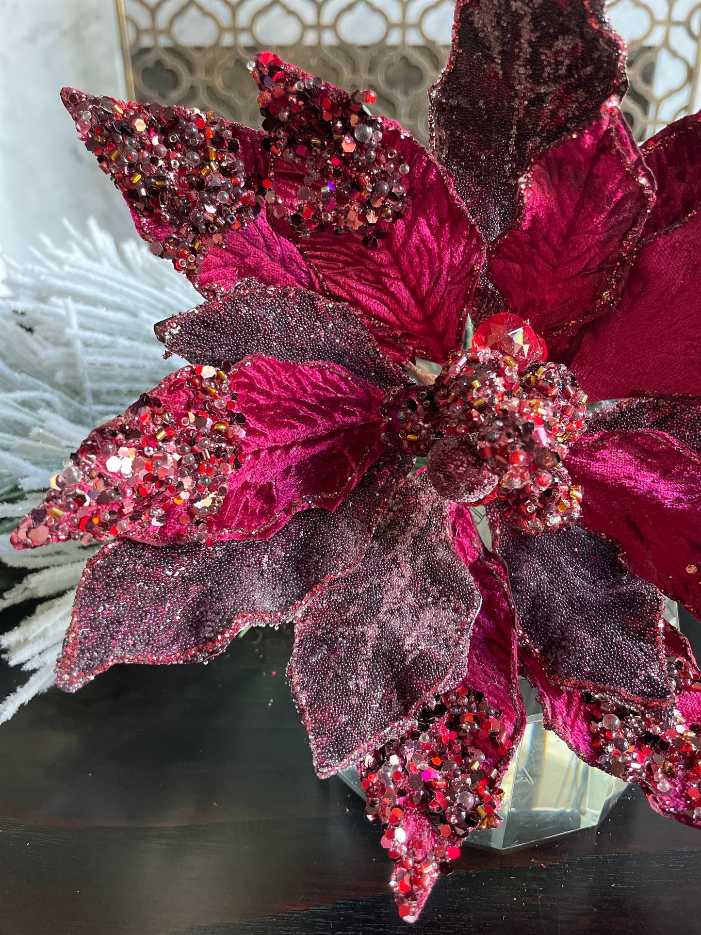 18" Heavy jeweled poinsettia stem. Burgundy.