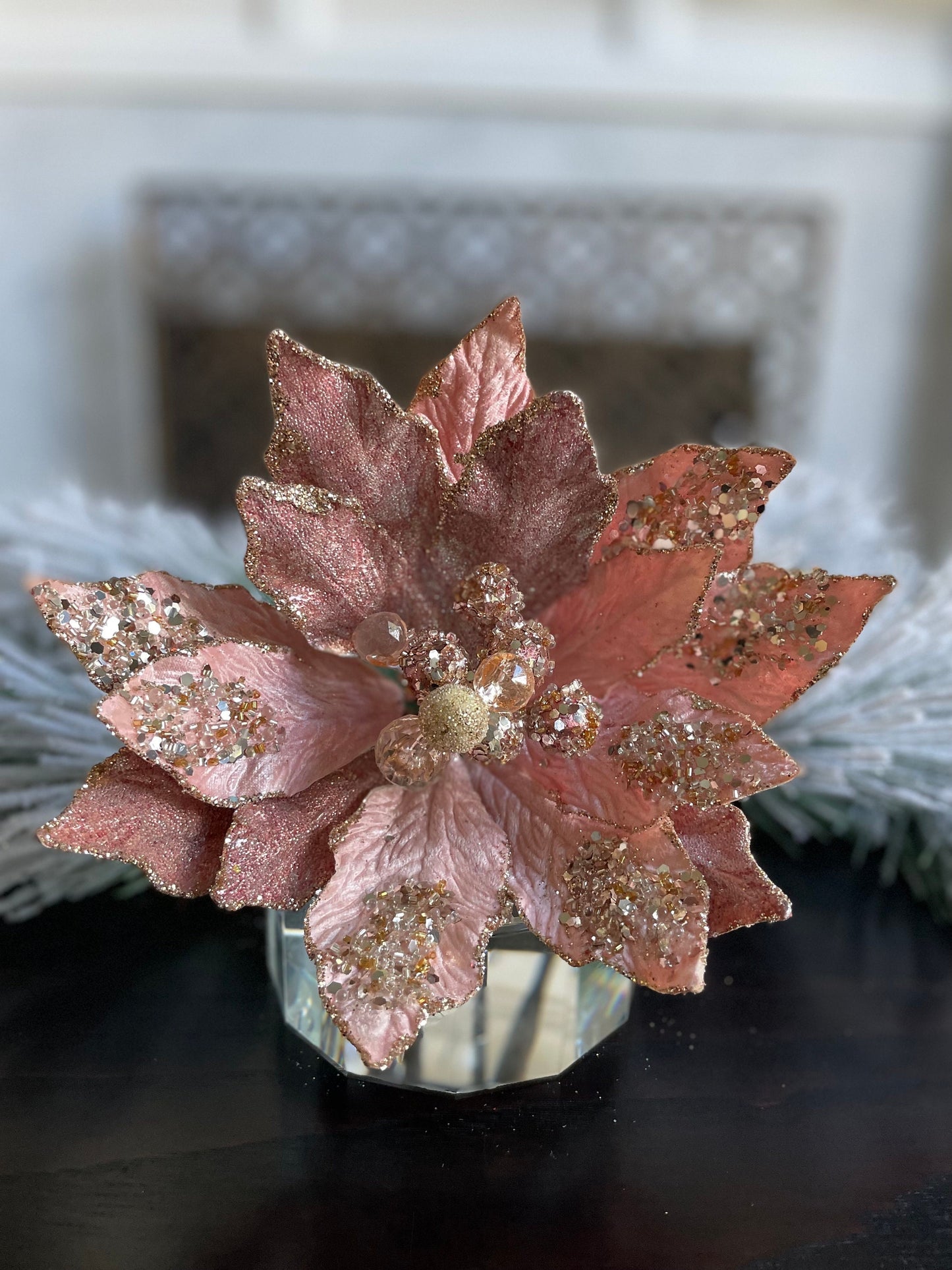 18" Heavy jeweled poinsettia stem. Rose gold