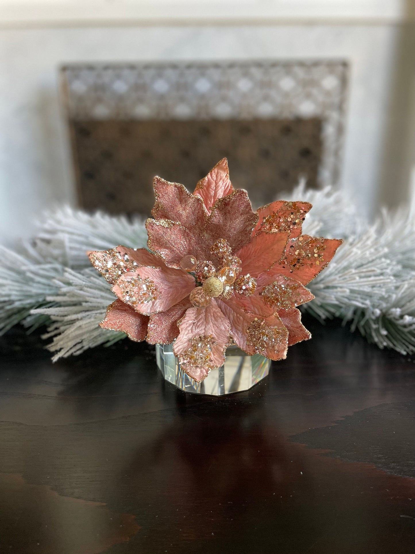 18" Heavy jeweled poinsettia stem. Rose gold