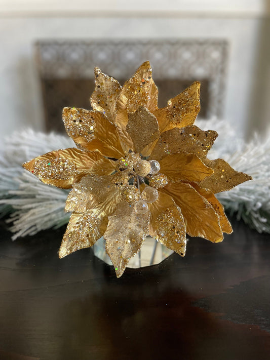 18" Heavy jeweled poinsettia stem. Gold.