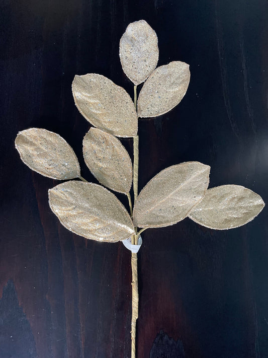 Set of 2. 28" Magnolia leaf spray. Gold. Micro beaded and sequins. Set of 2.
