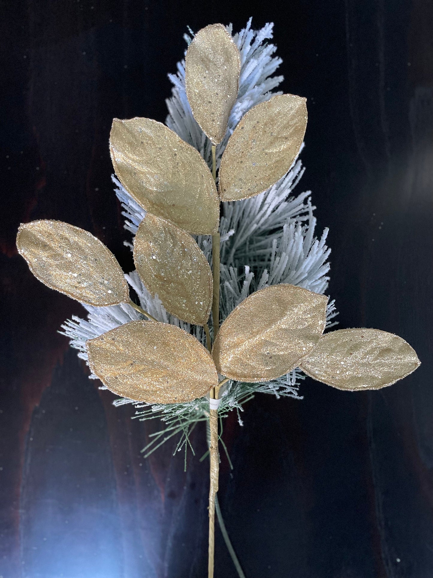 Set of 2. 28" Magnolia leaf spray. Gold. Micro beaded and sequins. Set of 2.