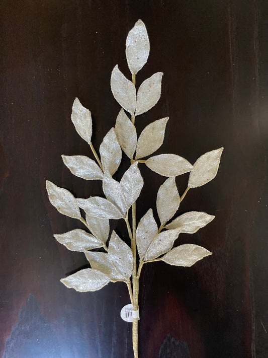 Set of 2. 29” Bay leaf spray, micro beaded sequins. Platinum.