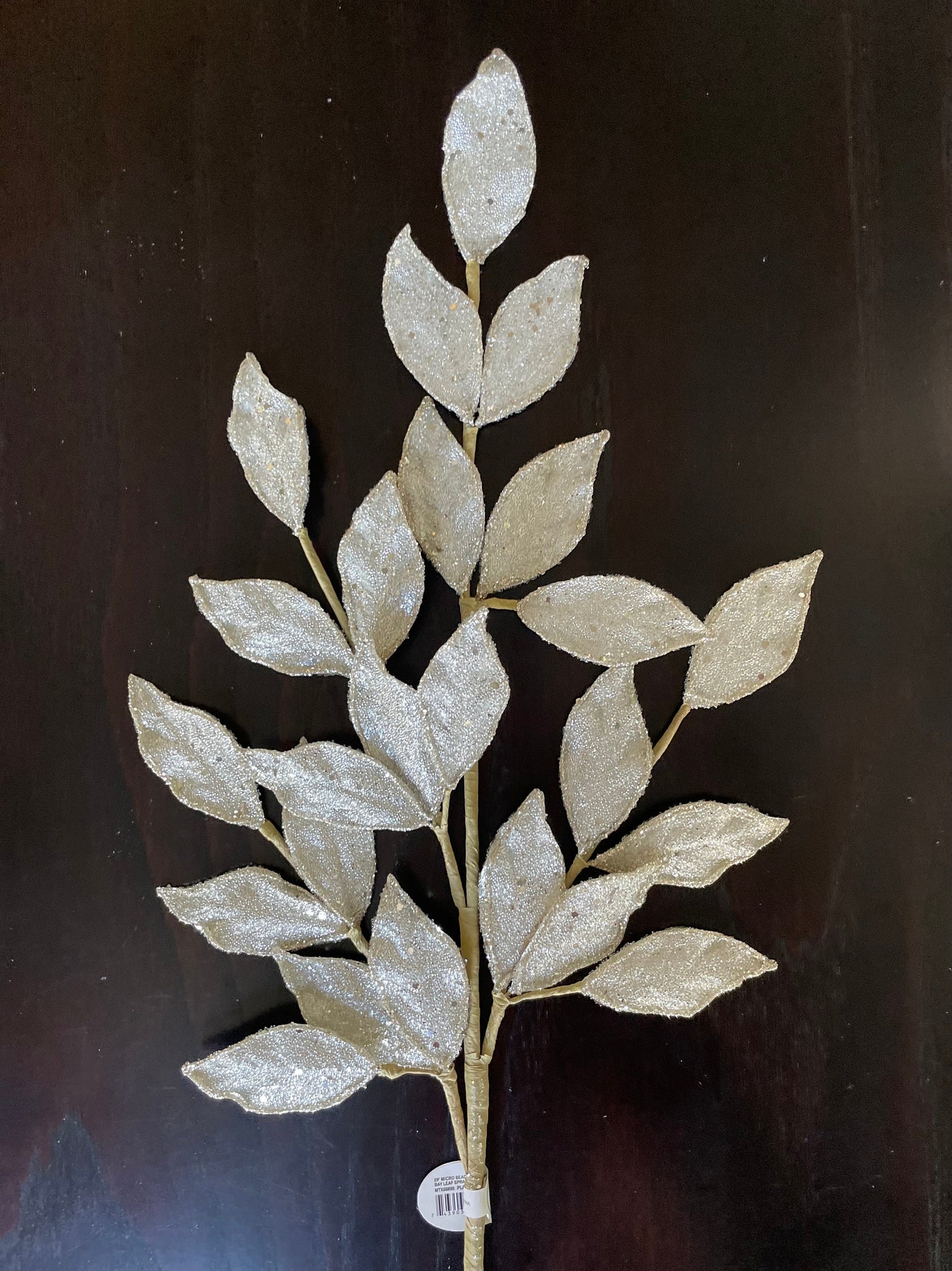 Set of 2. 29” Bay leaf spray, micro beaded sequins. Platinum.