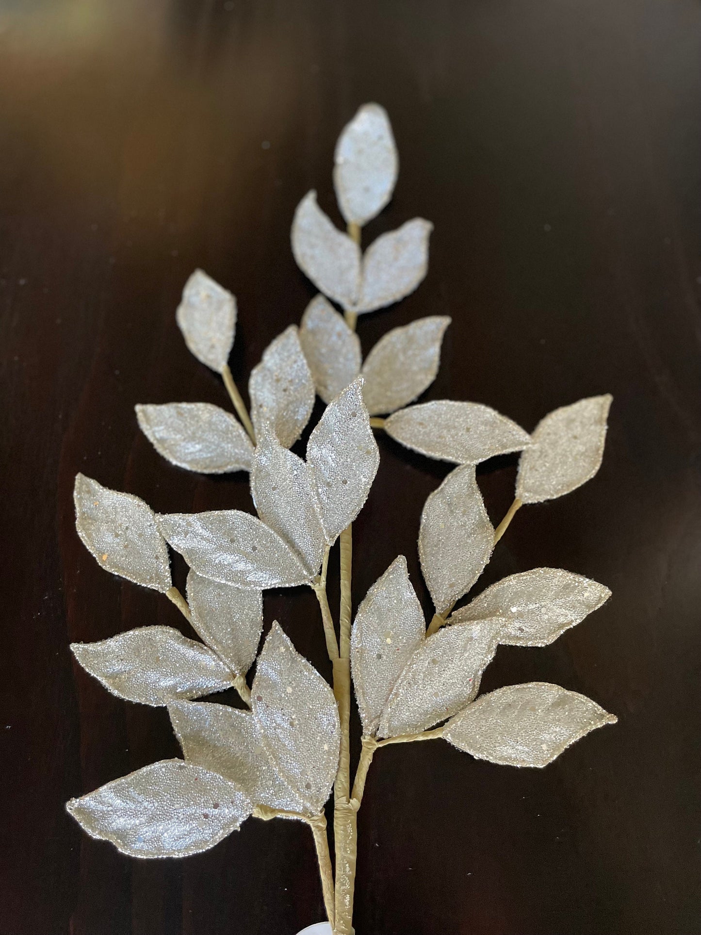 Set of 2. 29” Bay leaf spray, micro beaded sequins. Platinum.