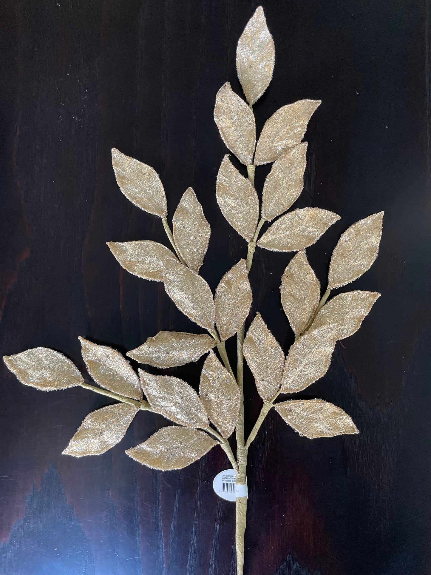 Set of 2. 29” Bay leaf spray, micro beaded sequins. Gold.