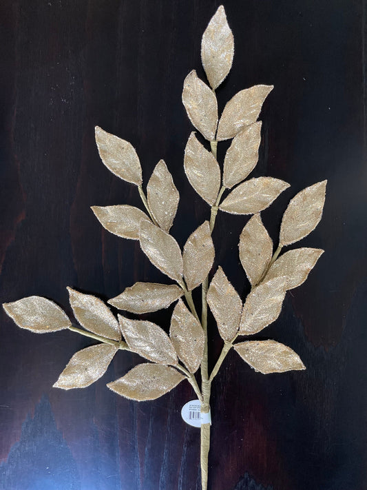 Set of 2. 29” Bay leaf spray, micro beaded sequins. Gold.