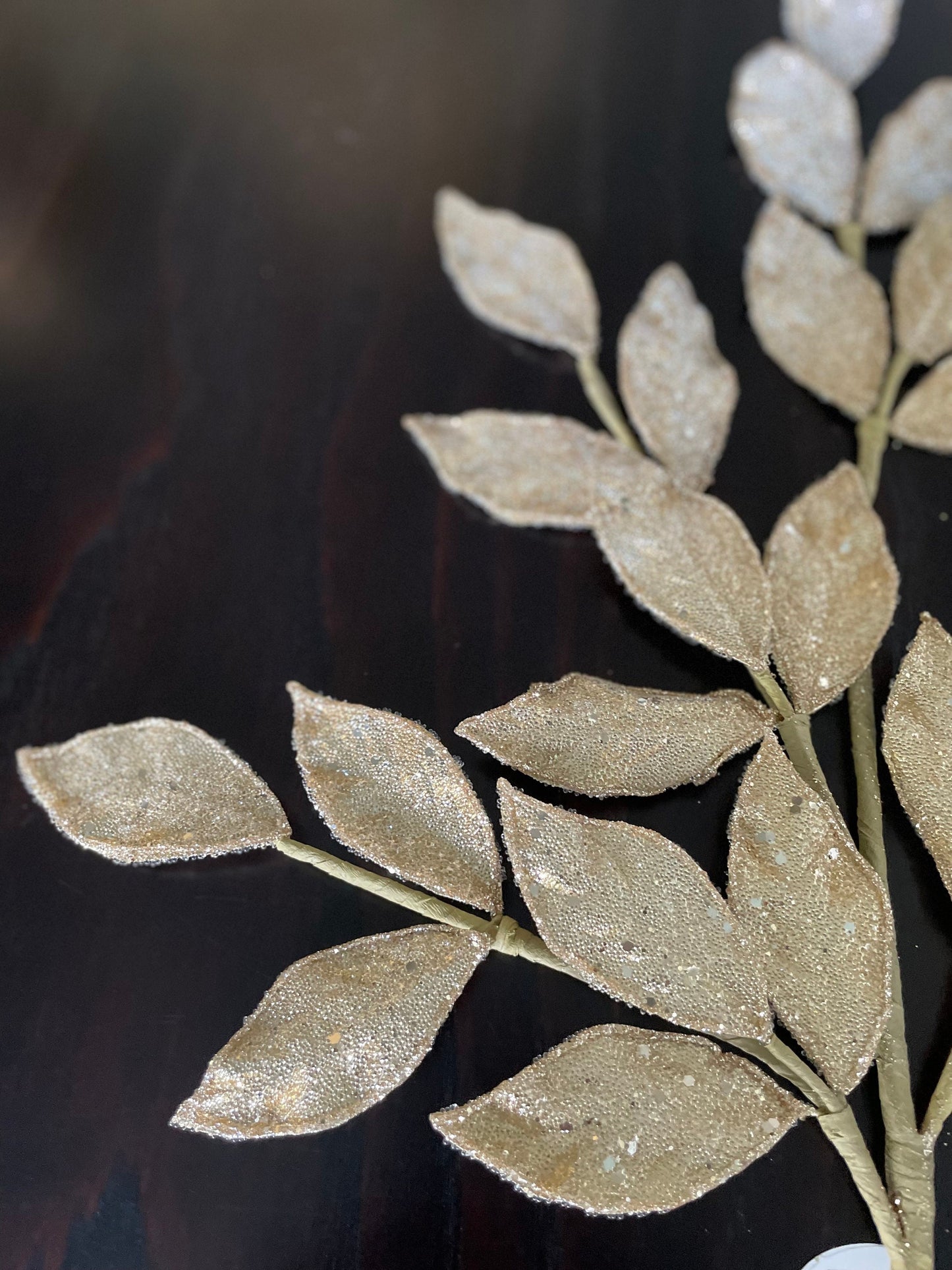 Set of 2. 29” Bay leaf spray, micro beaded sequins. Gold.