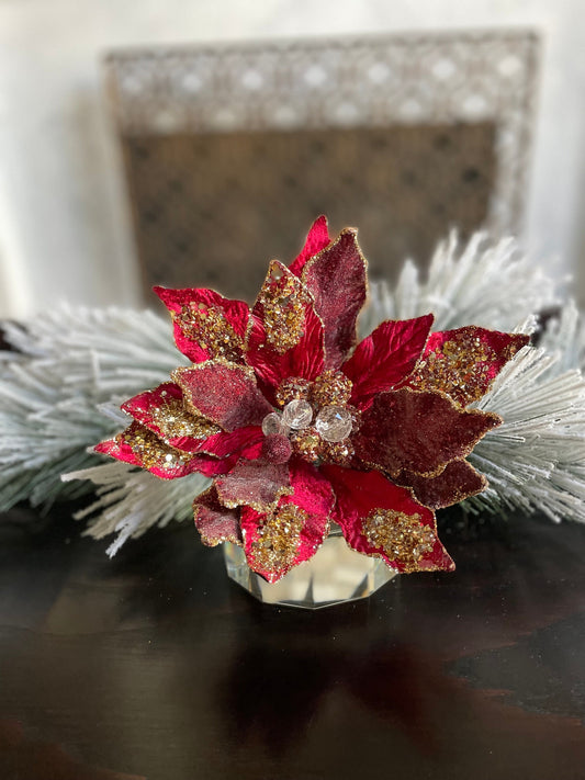 24" Glitter edged jewel poinsettia stem. Claret.