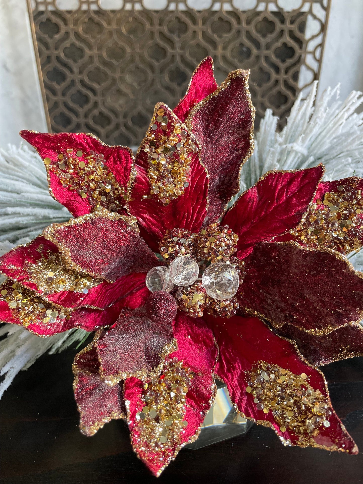 24" Glitter edged jewel poinsettia stem. Claret.
