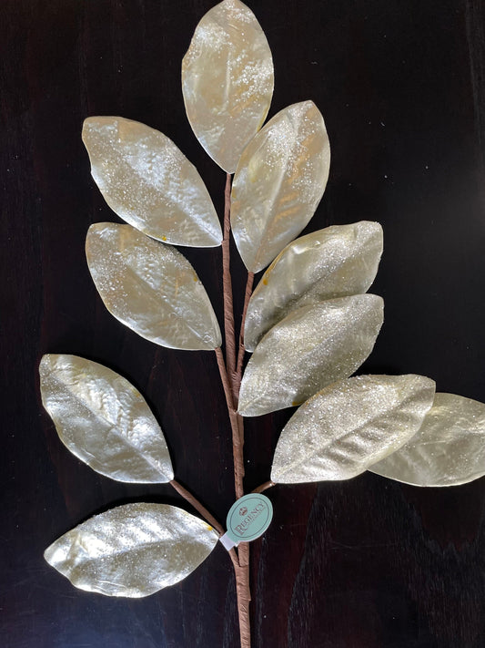 Set of 2. 30" Glitter metallic Magnolia leaf spray. Champagne.