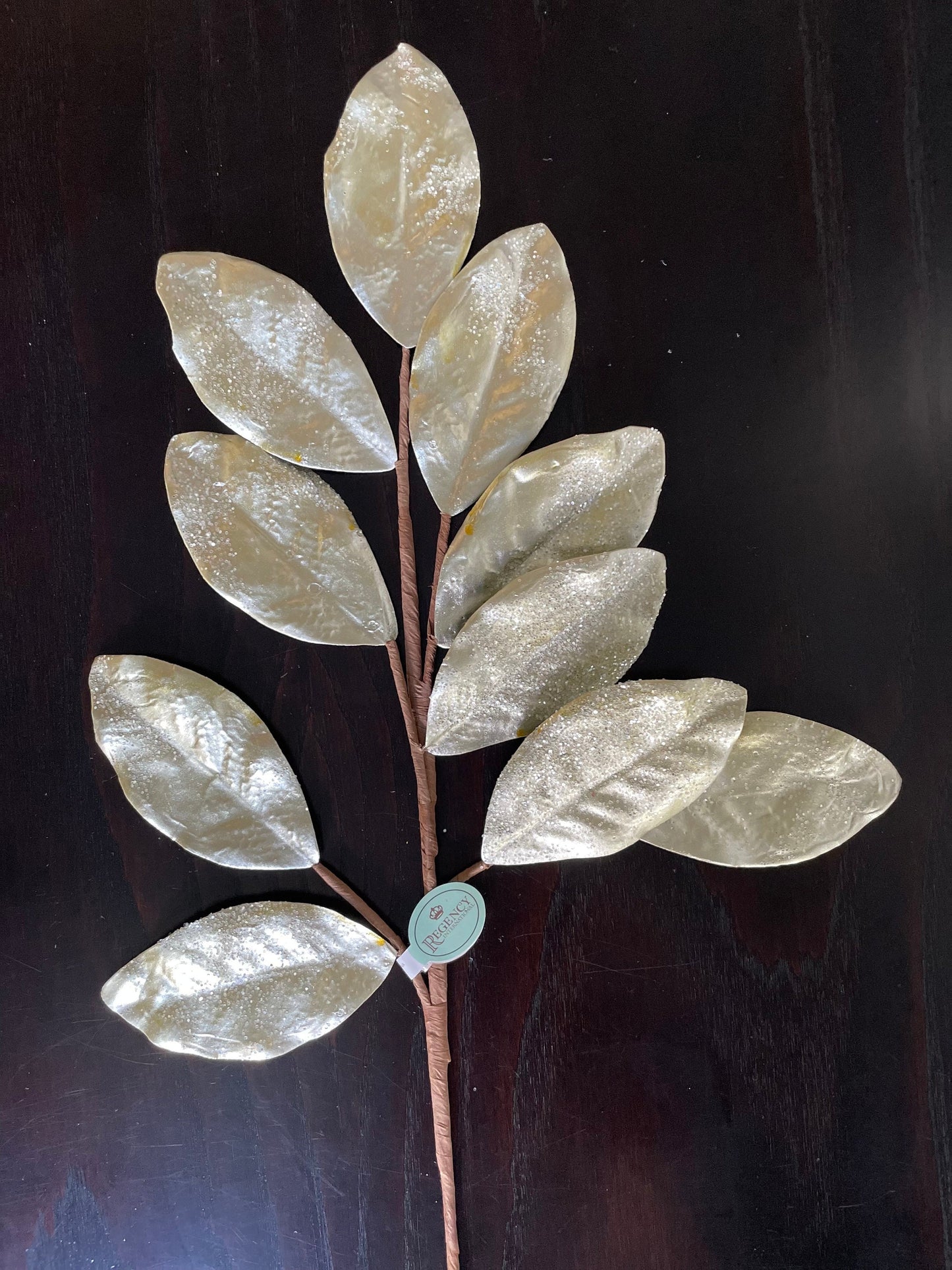Set of 2. 30" Glitter metallic Magnolia leaf spray. Champagne.