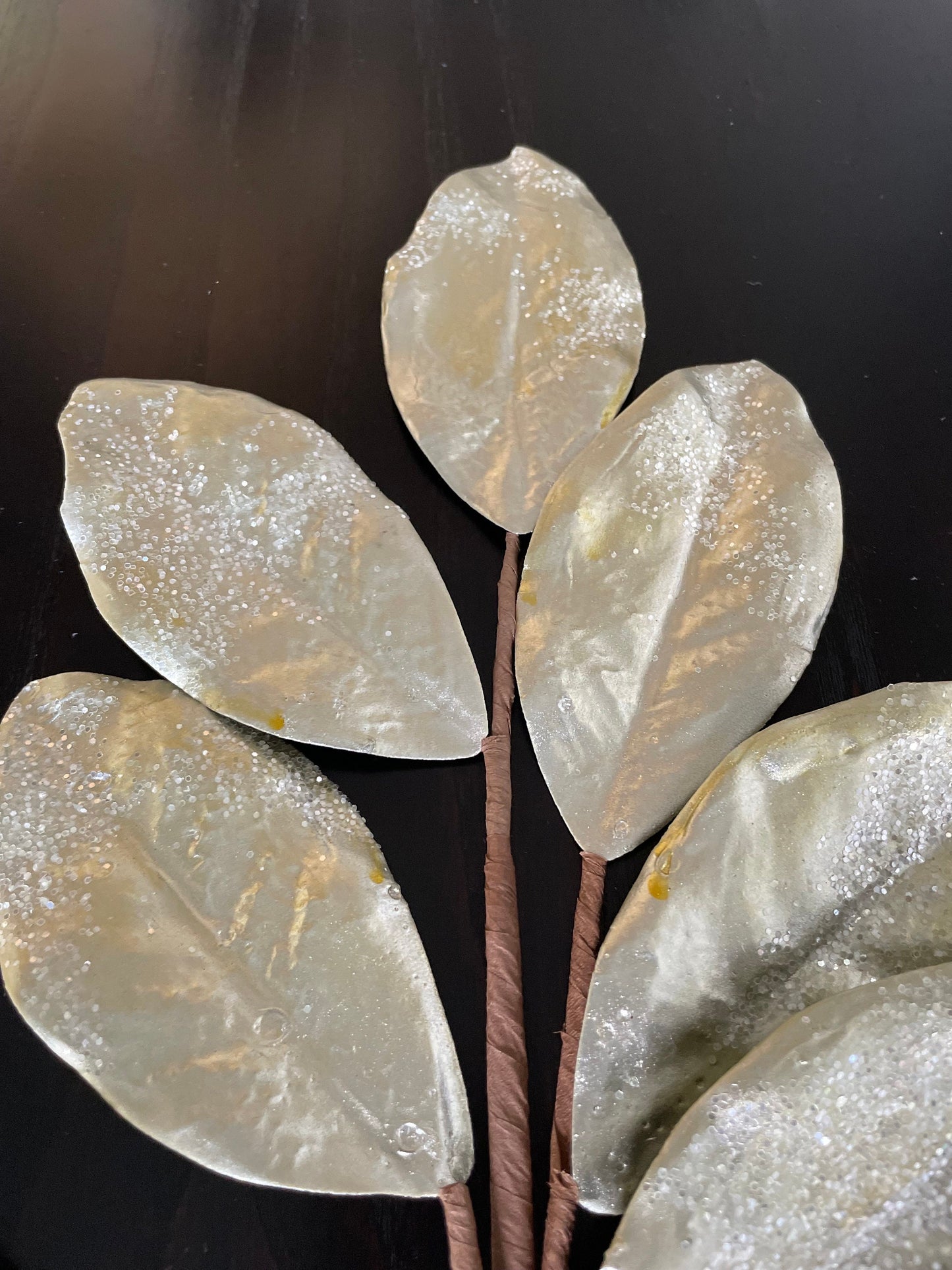 Set of 2. 30" Glitter metallic Magnolia leaf spray. Champagne.