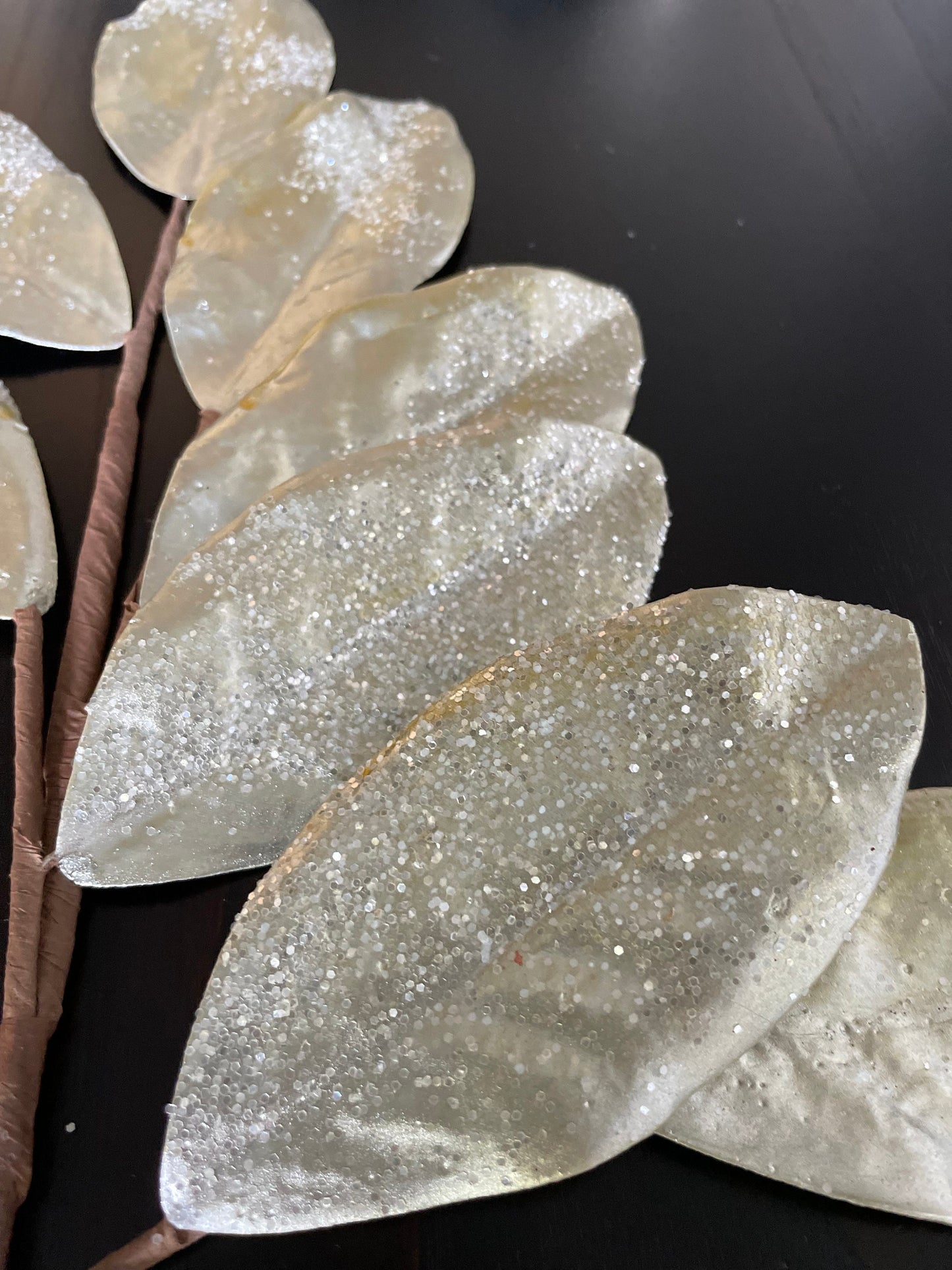 Set of 2. 30" Glitter metallic Magnolia leaf spray. Champagne.