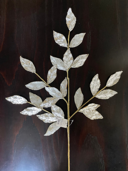 29” Glittered silver leaf spray.