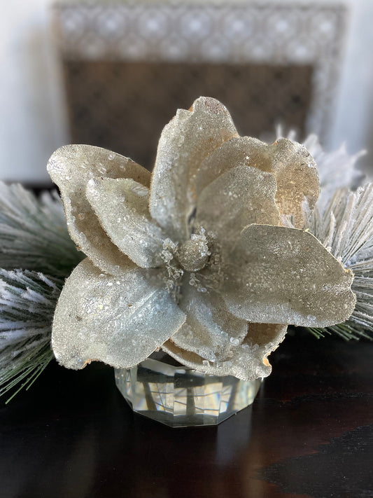 Set of 2. 22" Beaded metallic silver magnolia stem.