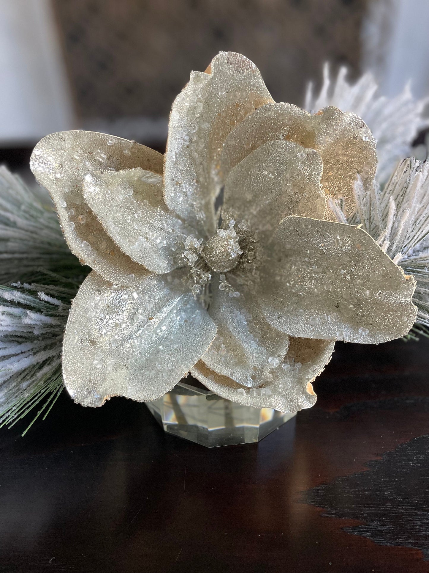 Set of 2. 22" Beaded metallic silver magnolia stem.