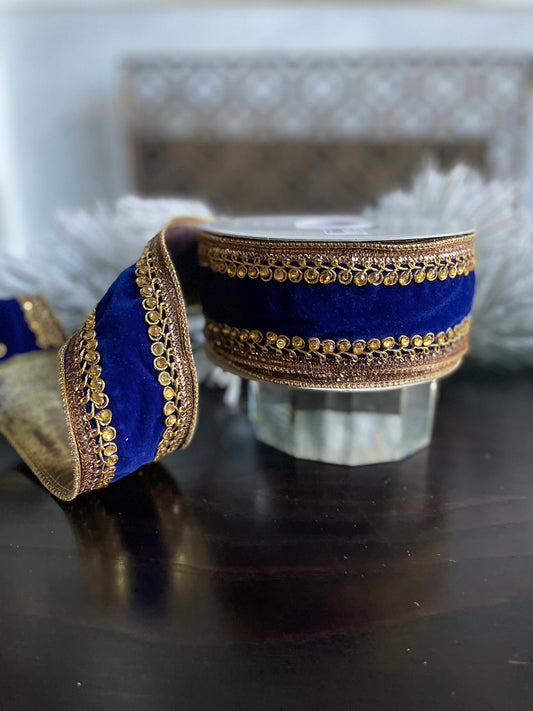 2.5” x 10 yds. Jeweled velvet wired ribbon. Royal blue. Raz.