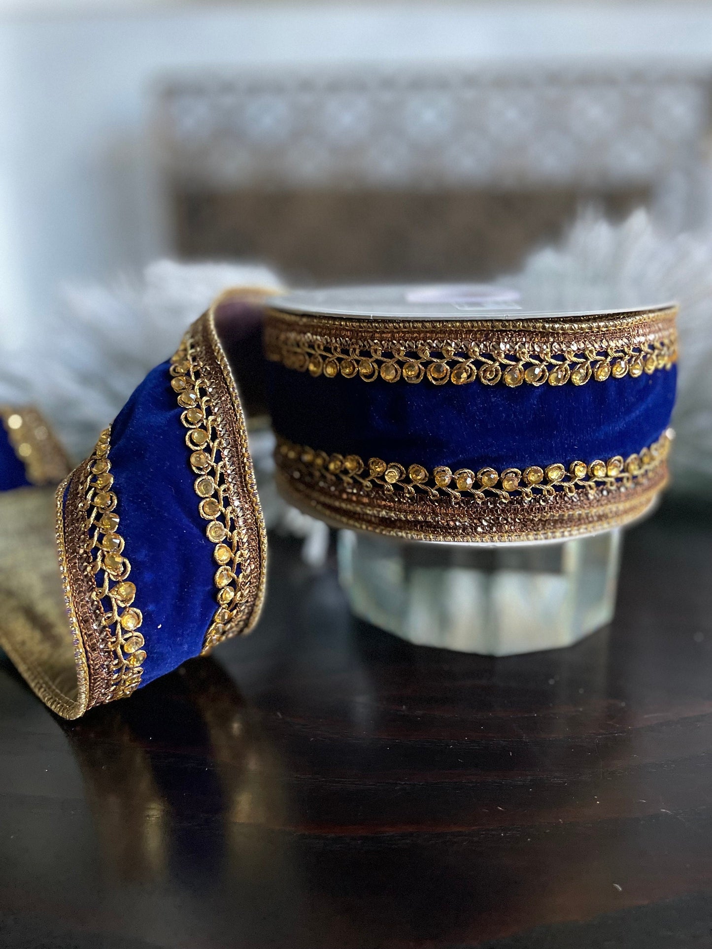 2.5” x 10 yds. Jeweled velvet wired ribbon. Royal blue. Raz.