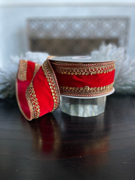 2.5” x 10 yds. Jeweled velvet wired ribbon. Red. Raz.