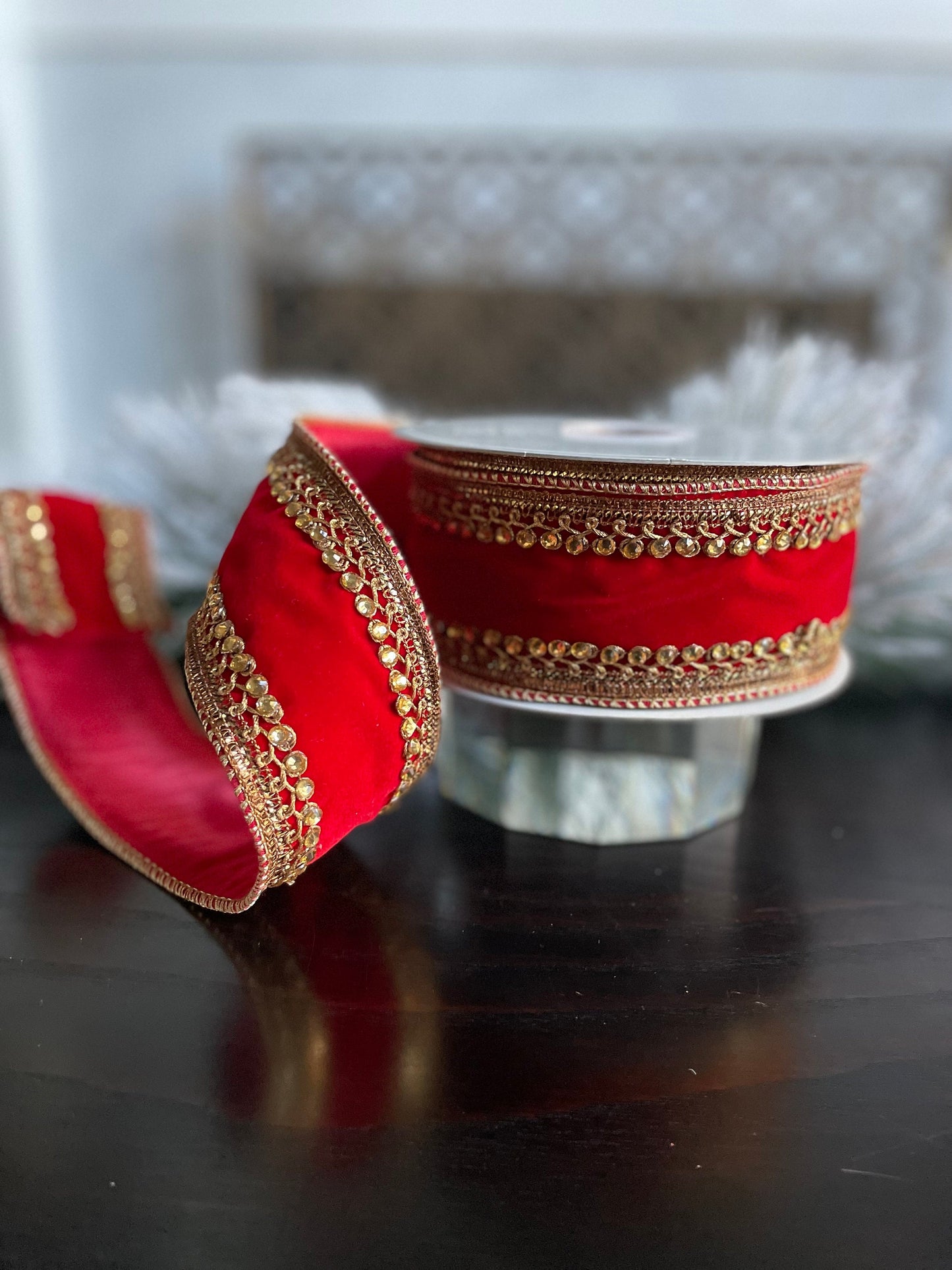 2.5” x 10 yds. Jeweled velvet wired ribbon. Red. Raz.