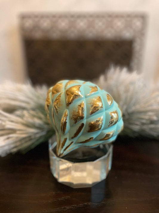 150 mm/ 6” Onion ball ornament. Aqua and gold. shatterproof