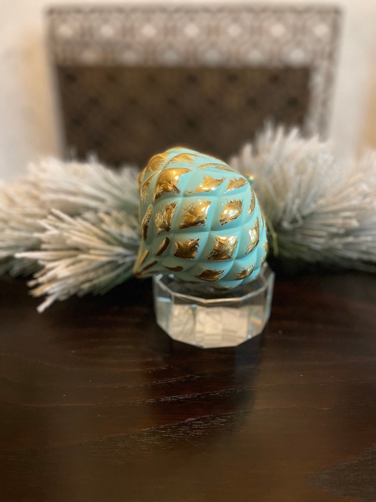150 mm/ 6” Onion ball ornament. Aqua and gold. shatterproof