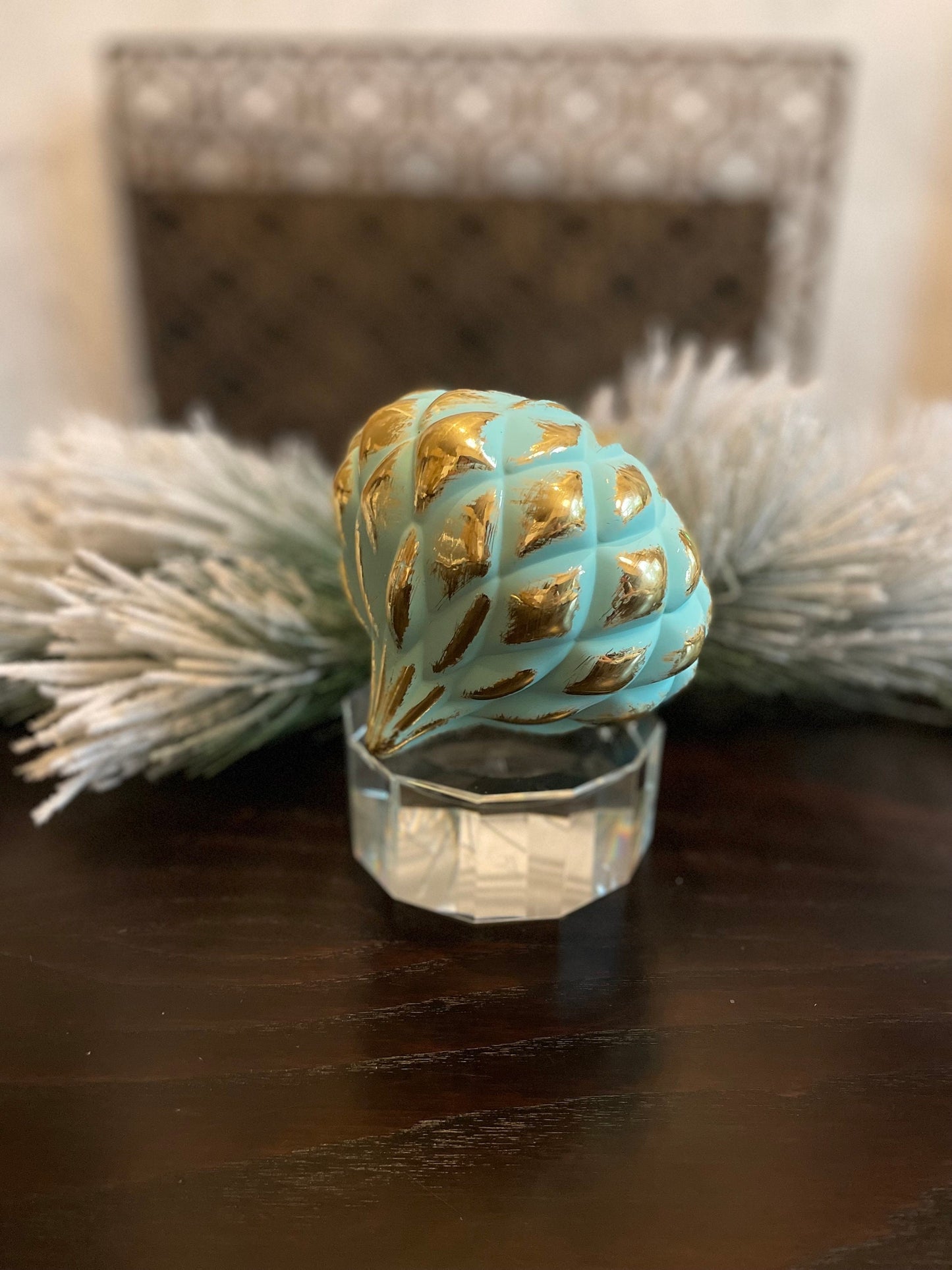 150 mm/ 6” Onion ball ornament. Aqua and gold. shatterproof