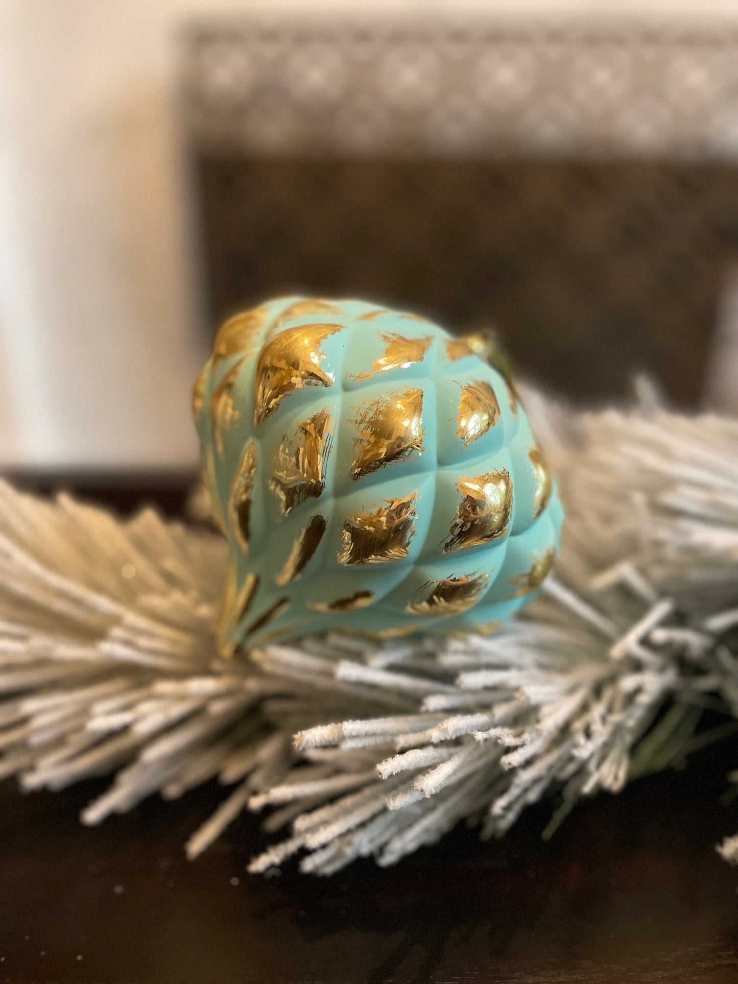 150 mm/ 6” Onion ball ornament. Aqua and gold. shatterproof