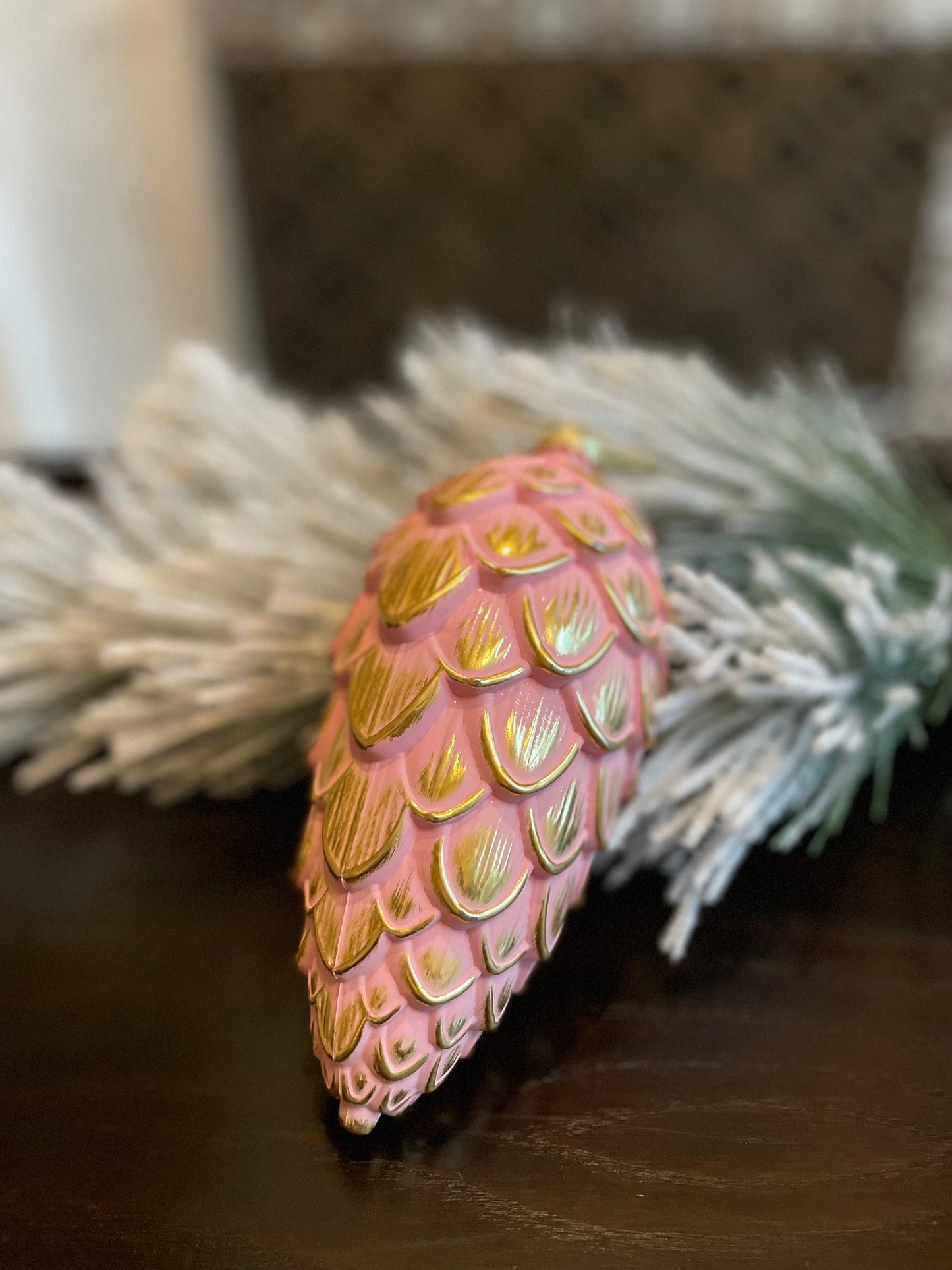 8” Pinecone ornament. Pink and gold. Shatterproof.