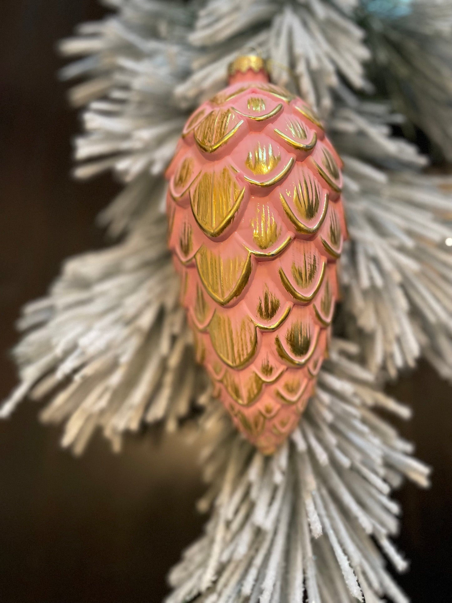 8” Pinecone ornament. Pink and gold. Shatterproof.