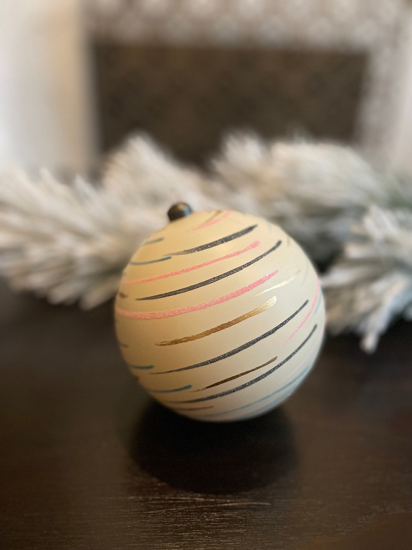 120 mm Stripes ball ornament. White, pink, blue and gold. shatterproof
