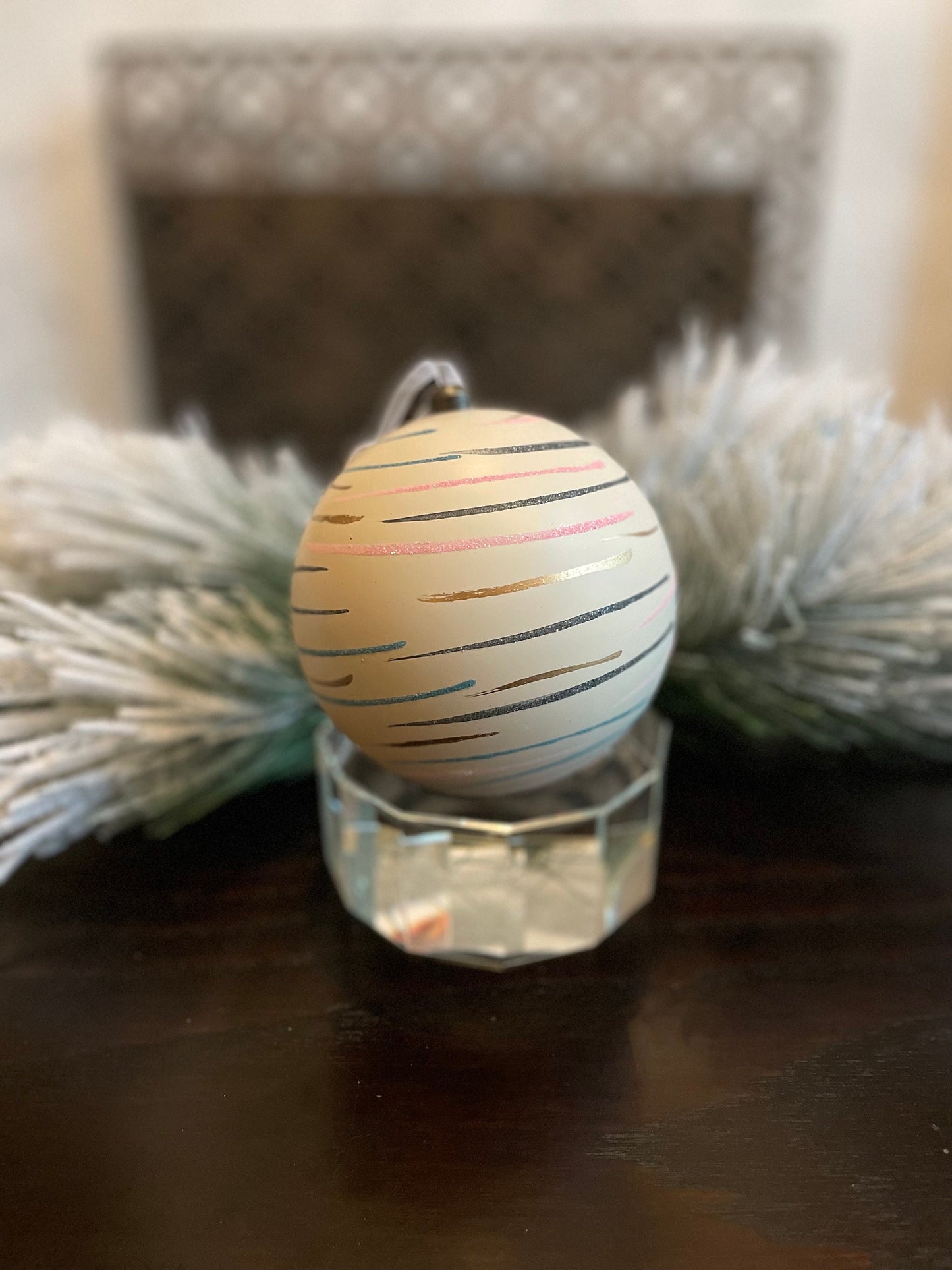 120 mm Stripes ball ornament. White, pink, blue and gold. shatterproof