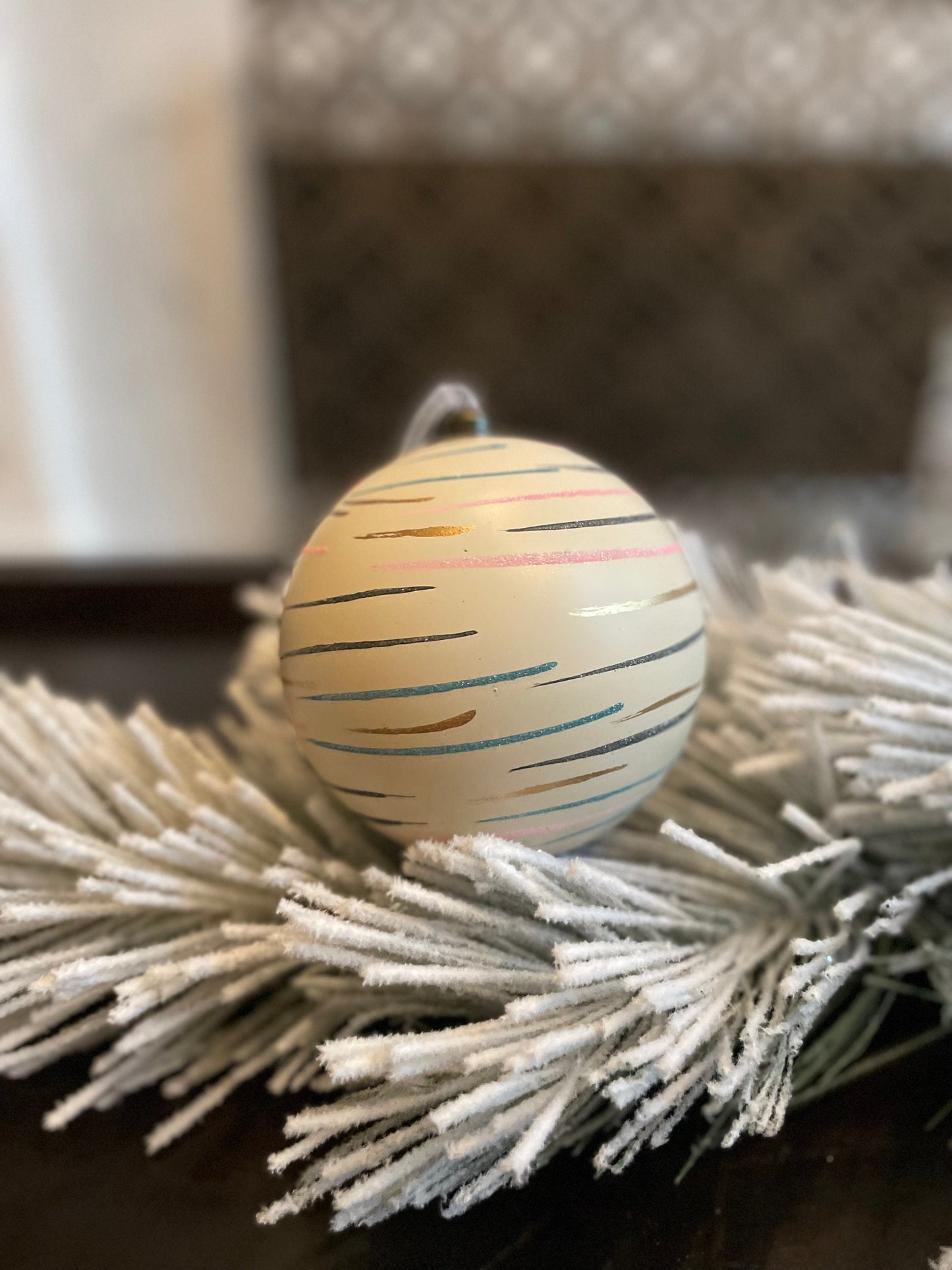 120 mm Stripes ball ornament. White, pink, blue and gold. shatterproof