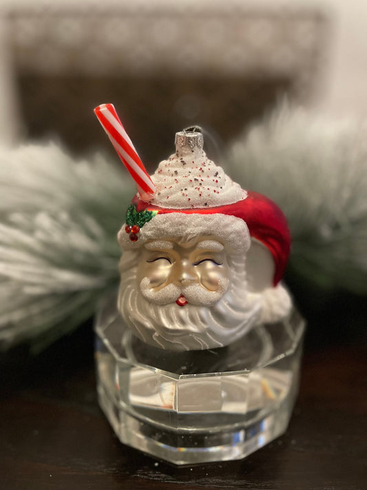 4" Santa mug with whipped cream ornament. Glass.