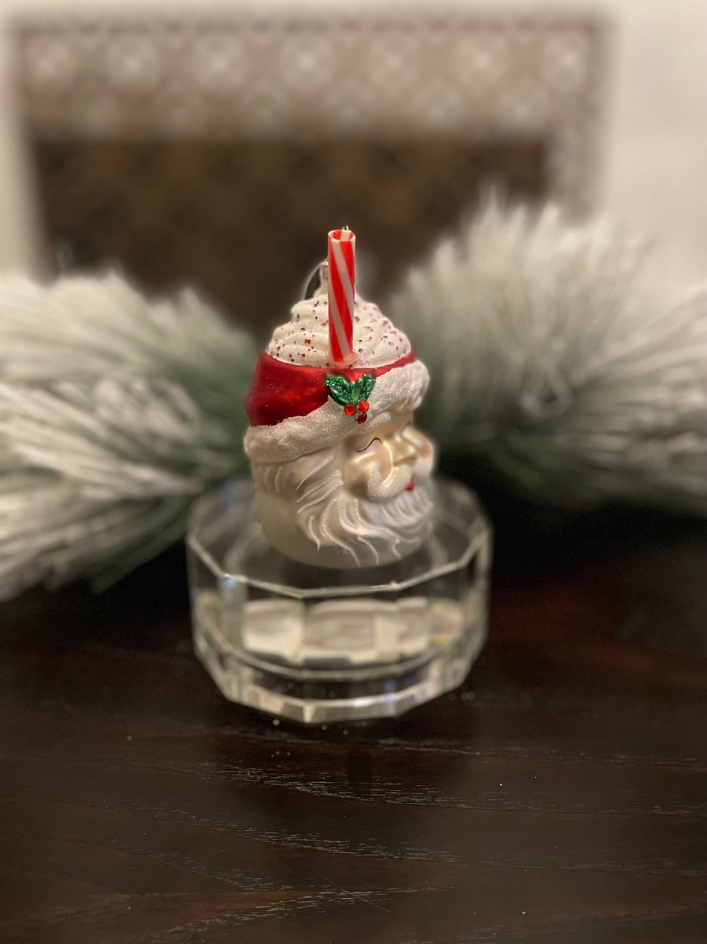 4" Santa mug with whipped cream ornament. Glass.