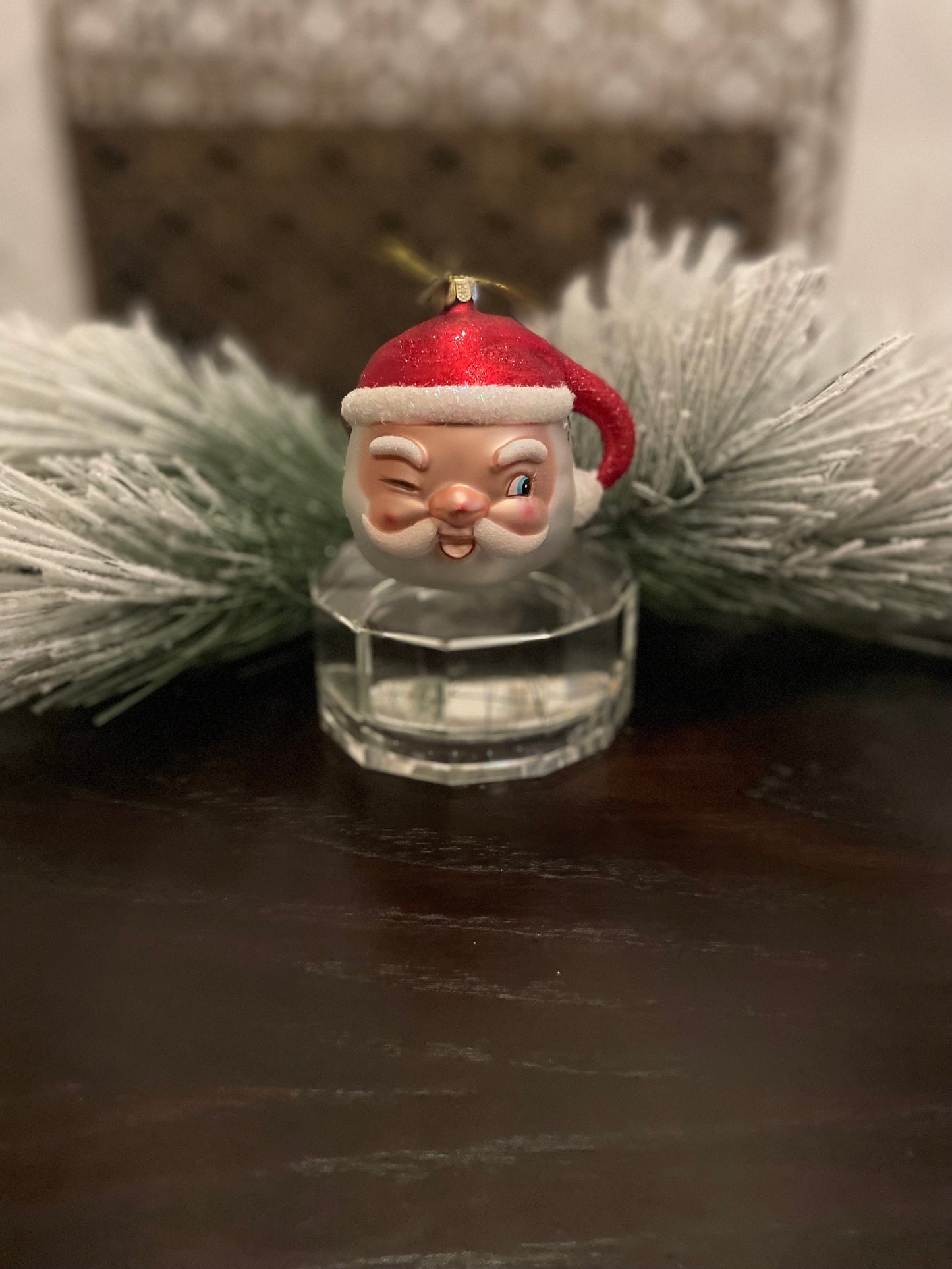4" Winking Santa ornament. Glass.